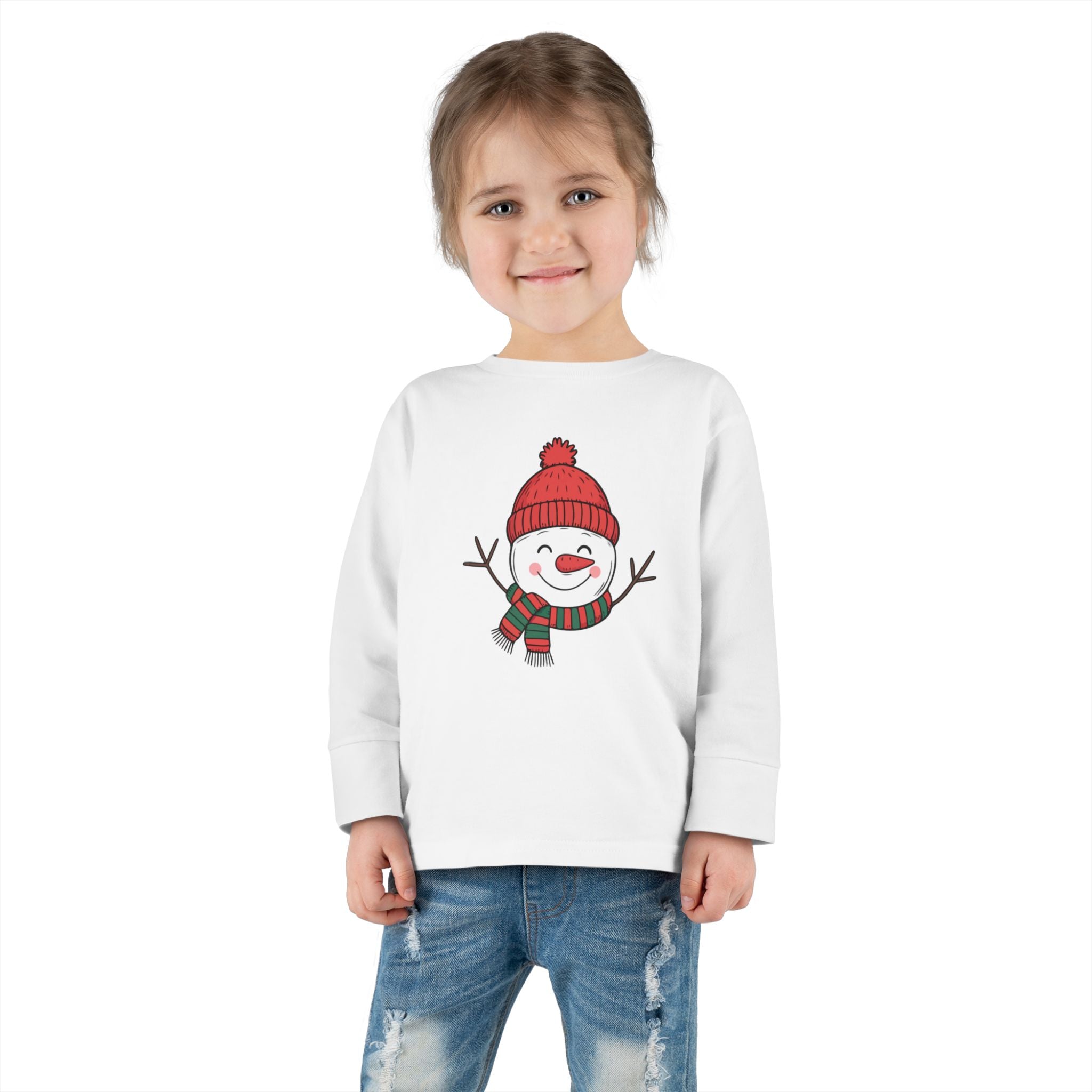 Toddler Long Sleeve Tee — Cute Smiling Snowman in Red Beanie & Scarf Holiday Top