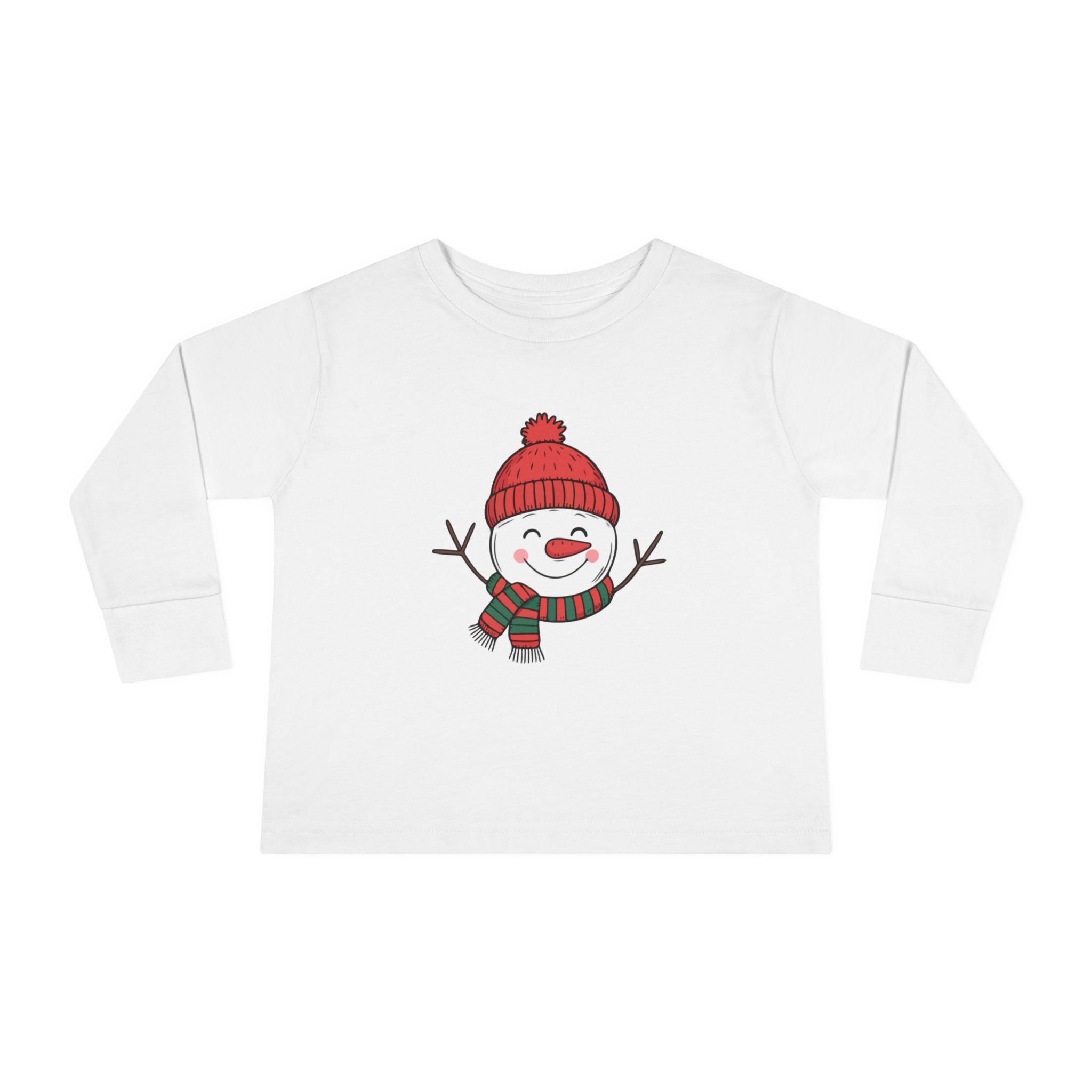 Toddler Long Sleeve Tee — Cute Smiling Snowman in Red Beanie & Scarf Holiday Top