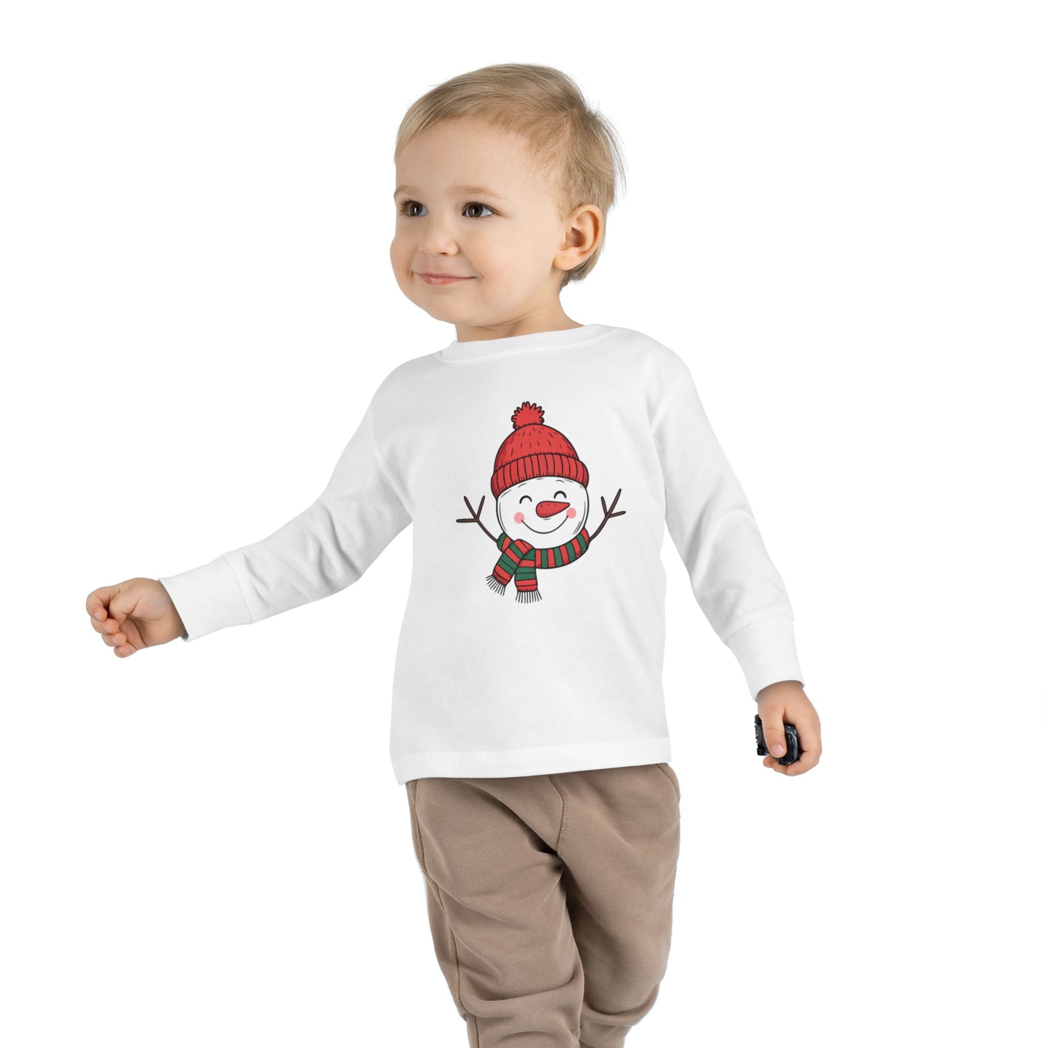 Toddler Long Sleeve Tee — Cute Smiling Snowman in Red Beanie & Scarf Holiday Top